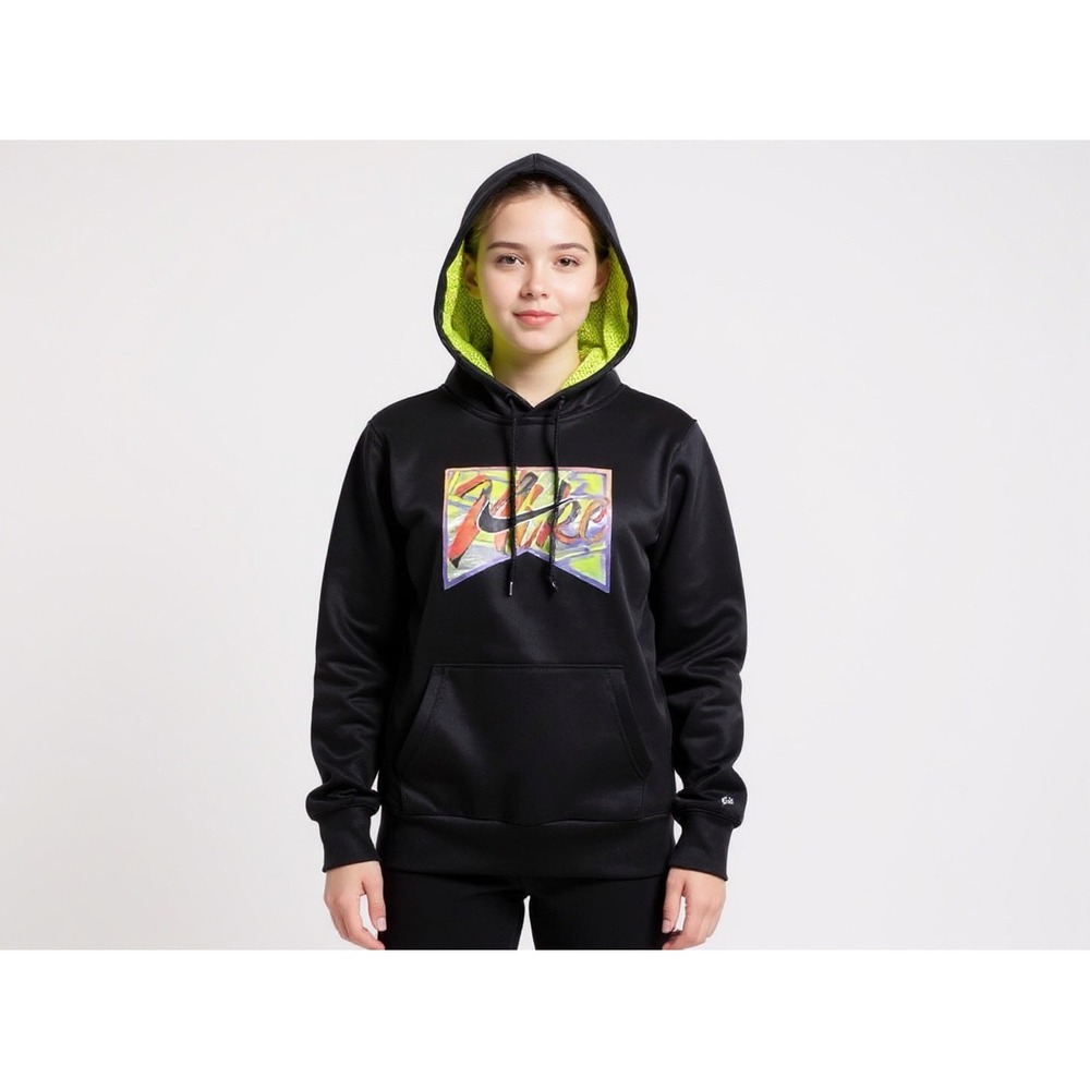 Nike Kids Black Hoodie with Neon Green Lined Hood and Logo Size L colorful comfy